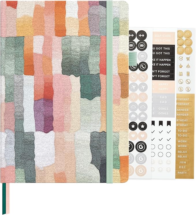 &And Per Se Bullet Dotted Journal, A5 Hardcover Aesthetic Notebook – 160 Pages 100gsm Thick Dot Grid Paper, 3 Sticker Sheets – Gift-Ready Journaling Kit for Women (Colorful Stripes)