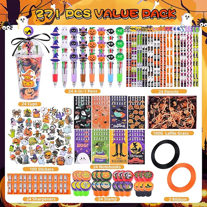 LiYiQ 247 Pcs Halloween Party Favors Return Gifts for Party, Student Stationery Gifts from Teacher, Pencil Erasers Notebooks Stickers for Classroom Birthday Goodie Bags Rewards Prizes
