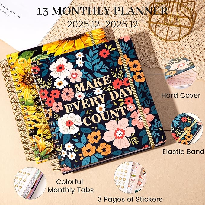 CAGIE 2026 Planner Weekly and Monthly- Dec 2025-Dec 2026 with 13 Month Tabs, Hardcover Calendar Planners with Stickers Spiral Bound Yearly Agenda Planner for Women, Blue Floral, 8.3"x9.1"