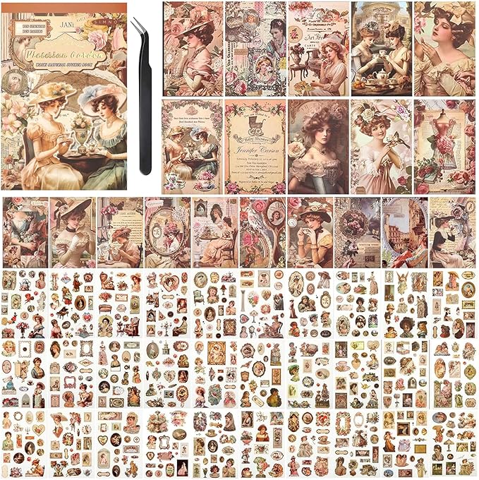 Vintage Scrapbook Sticker Book for Adults, 50 Sheets Aesthetic People Stickers Book for Scrapbooking with 480pcs Washi Stickers and 20 Sheets of Scrapbook Paper Ephemera for Junk Journals Supplies