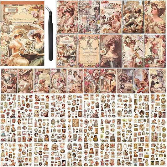Vintage Scrapbook Sticker Book for Adults, 50 Sheets Aesthetic People Stickers Book for Scrapbooking with 480pcs Washi Stickers and 20 Sheets of Scrapbook Paper Ephemera for Junk Journals Supplies