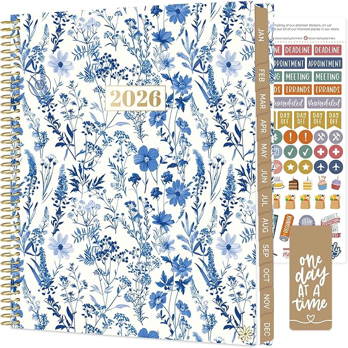 bloom daily planners 2026 Planner (January to December) - 8.5” x 11” Weekly & Monthly Dated Agenda Organizer Book with Stickers & Tabs - Flexible Soft Cover - Blue & White Floral