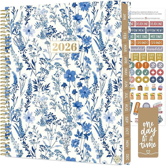 bloom daily planners 2026 Planner (January to December) - 8.5” x 11” Weekly & Monthly Dated Agenda Organizer Book with Stickers & Tabs - Flexible Soft Cover - Blue & White Floral