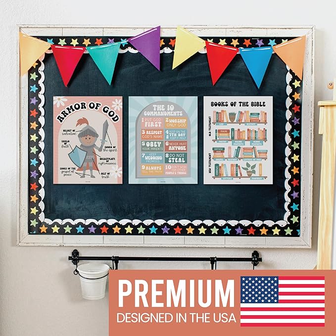 Hadley Designs Sunday School Decorations for Classroom – 9 Bible Posters for Kids, 11x14in Books of the Bible Poster, 10 Commandments, Fruits of the Spirit & More – Retro Christian Classroom Decor