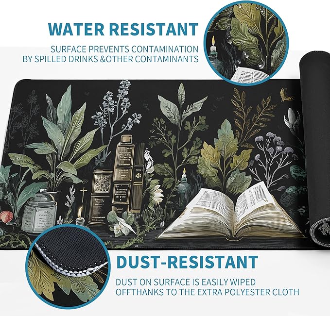 Dark Academia Mouse Pad Desk Mat XL Extended Large Gaming Desk Pad Mousepad, Mystical Green Plant Computer Laptop Keyboard and Mouse Mat, Desktop Protector Mat for Office and Home 31.5x11.8 in