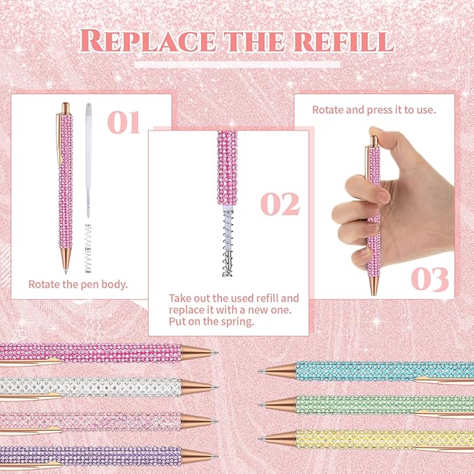 Sherr 7 Pcs Fancy Pens for Women Cute Sparkly Glitter Pens with 10 Pcs Black Ink Refills Pretty Gifts for Girls Office School Christmas Graduation(Pearl)