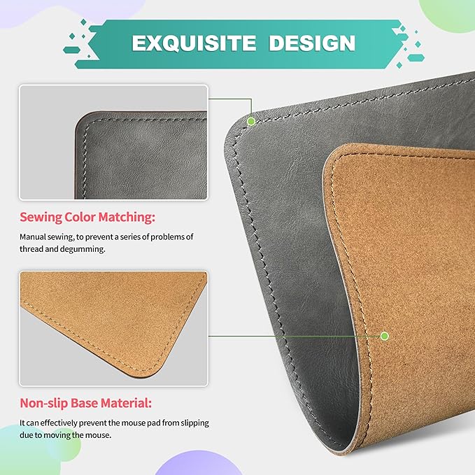 Leather Mouse Pad with Stitched Edge Micro-Fiber Base with Non-Slip Waterproof，Mouse Pad for Computers，Laptop, 8x11Inch (Gray)