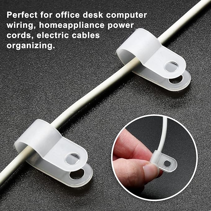 60pcs 1/4 Inch Nylon Cable Clamps, R-Type Wire Cable Clips with M4 Screws, Screw Mounting Cord Fastener Wire Conduit Clamp for Wire Management (White)