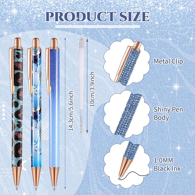 Sherr 7 Pcs Fancy Pens for Women Cute Sparkly Glitter Pens with 10 Pcs Black Ink Refills Pretty Gifts for Girls Office School Christmas Graduation(Adorable)