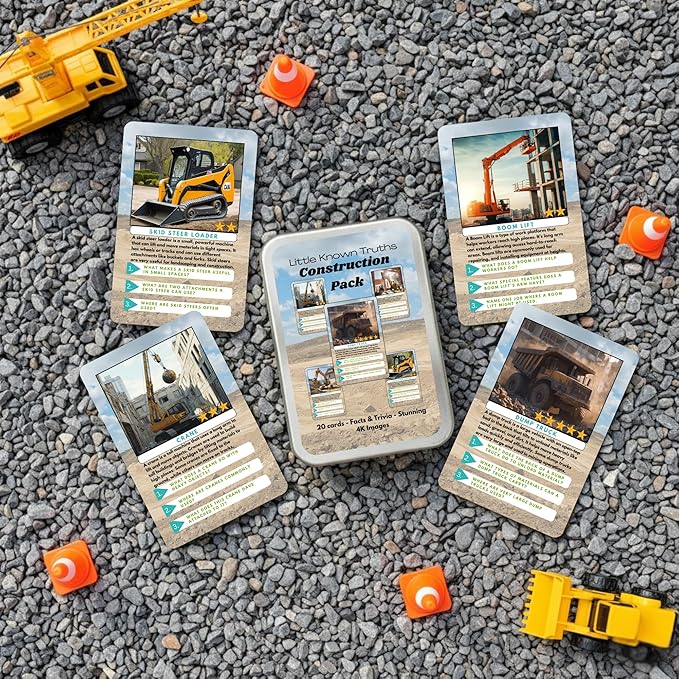 Construction Vehicle Trivia Flash Cards for Kids Ages 3+ | Educational Learning Cards with Trucks & Machines, STEM Fact Cards in Metal Tin, Screen-Free Travel Toy
