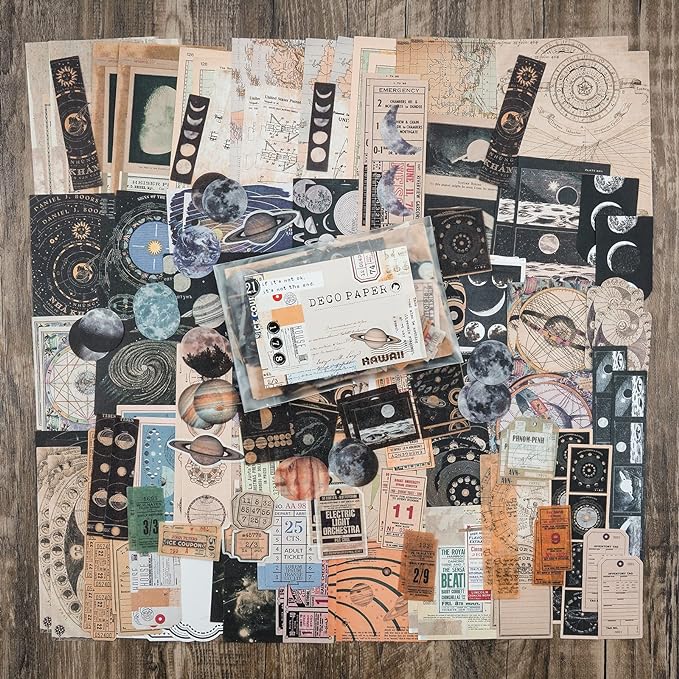 Knaid Vintage Scrapbook Supplies Pack (200 Pieces) for Witchy Junk Journal Bullet Journals Planners Space Moon Paper Stickers Craft Kits Collage (Celestial)