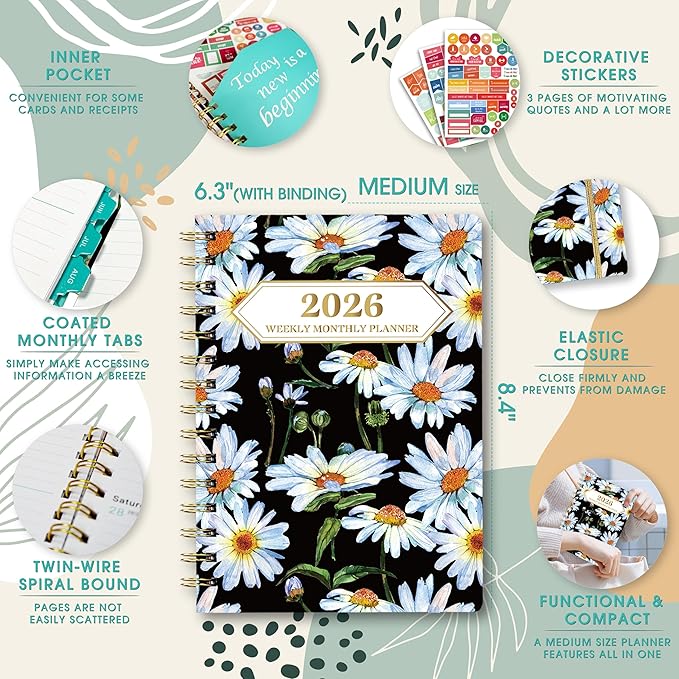 Ymumuda 2026 Planner, Daily Weekly and Monthly Planner，Jan 2026 - Dec 2026, 8.4" x 6.3", 2026 Calendar Planner Book with Tabs, Spiral Notebook with Inner Pocket for Office Home School Supplies