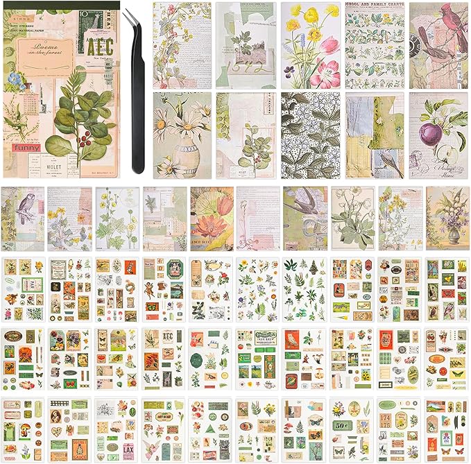Vintage Washi Stickers for Scrapbooking, Aesthetic Sticker Book for Journaling with 30 Sheets Scrapbook Stickers and 20 Sheets Scrapbook Papers for Bullet Junk Journals Set for Adults with Tweezers
