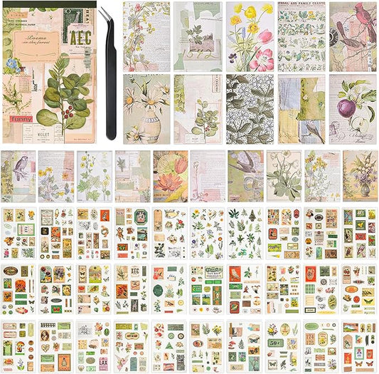 Vintage Washi Stickers for Scrapbooking, Aesthetic Sticker Book for Journaling with 30 Sheets Scrapbook Stickers and 20 Sheets Scrapbook Papers for Bullet Junk Journals Set for Adults with Tweezers