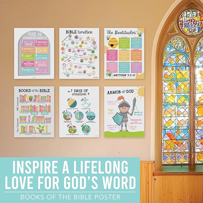 Hadley Designs Sunday School Decorations for Classroom – 9 Bible Posters for Kids, 11x14in Books of the Bible Poster, 10 Commandments, Fruits of the Spirit & More – Pastel Christian Classroom Decor
