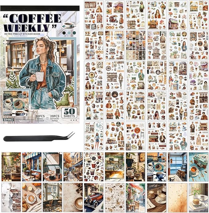 Pre-Cut Washi Sticker Book with 500+ Scrapbooking Stickers and 20 A5 Scrapbook Papers, Aesthetic Coffee and People Stickers for Journaling, Junk Journal Supplies for Adults Card Making, Art Crafts