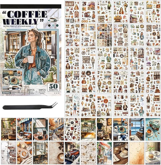 Pre-Cut Washi Sticker Book with 500+ Scrapbooking Stickers and 20 A5 Scrapbook Papers, Aesthetic Coffee and People Stickers for Journaling, Junk Journal Supplies for Adults Card Making, Art Crafts