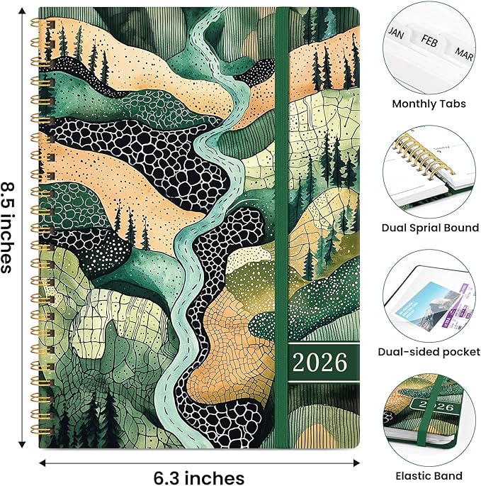 2026 Planner, Weekly and Monthly Planner for Women, January 2026 to December 2026, Pretty Hardcover 2026 Calendar Planner Book with Tabs, Inner Pocket, Spiral Bound, Perfect Office Home School Supplies - 6.3" x 8.5", River Valley