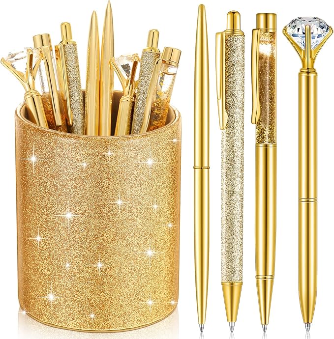 Sabary 8 Pcs Gold Pens with Pen Holder for Desk Glitter Crystal Diamond Cute Ballpoint Fancy Pencil Holder Bling Desk Organizer for Women Girls Gifts School Office Christmas New Year Supplies