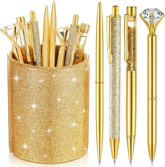 Sabary 8 Pcs Gold Pens with Pen Holder for Desk Glitter Crystal Diamond Cute Ballpoint Fancy Pencil Holder Bling Desk Organizer for Women Girls Gifts School Office Christmas New Year Supplies