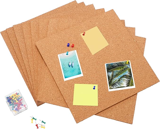 SUNGIFT Cork Board 12"x12" -12 Pack Bulletin Boards 1/4" Thick Square Decorative Cork Tiles with 100 PCS Push Pins Double-Sided Adhesive Corkboards Tiles for Wall Office