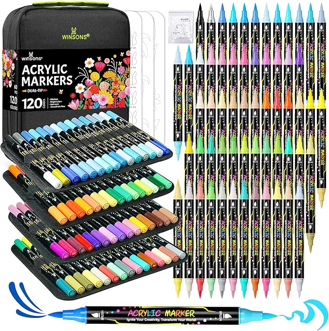 WINSONS 120 Colors Acrylic Paint Markers, Permanent Dual-Tip Acrylic Markers Set, Soft Brush Tip Paint Pens for Rock Painting, Canvas, Glass, Wood, Ceramic, DIY Craft Art Supplies, Set of 60
