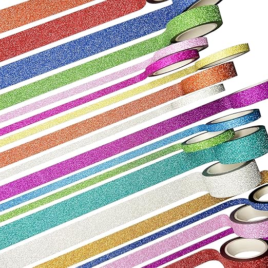 Funincloud Glitter Washi Tape Set Metallic Decorative Craft Tape 36 Rolls Colored Masking Tape for Scrapbook DIY Art Craft Supplies Gift Decor