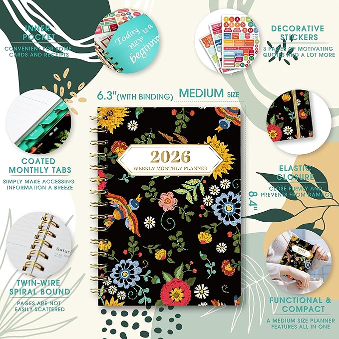 Ymumuda 2026 Planner, Daily Weekly and Monthly Planner，Jan 2026 - Dec 2026, 8.4" x 6.3", 2026 Calendar Planner Book with Tabs, Spiral Notebook with Inner Pocket for Office Home School Supplies
