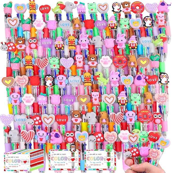CZWZ 120Pcs Mini Multicolor Pen in One 4-in-1 Cute Pens Bulk, Ballpoint Pens for Birthdays and Parties, Fun Pens Gifts Assorted Ink Kawaii Pen(Valentine)