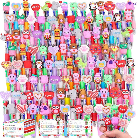 CZWZ 120Pcs Mini Multicolor Pen in One 4-in-1 Cute Pens Bulk, Ballpoint Pens for Birthdays and Parties, Fun Pens Gifts Assorted Ink Kawaii Pen(Valentine)