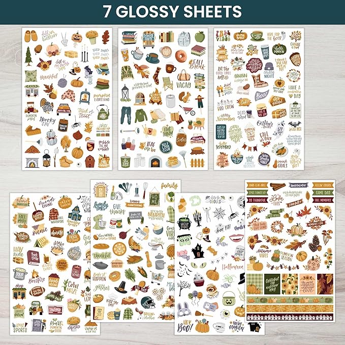 bloom daily planners Fall Expansion Sticker Pack - 8 Sheets / 411 Stickers - Autumn Harvest Variety Pack with Halloween & Thanksgiving - Planner Stickers for Calendar Decorating & Scrapbooking
