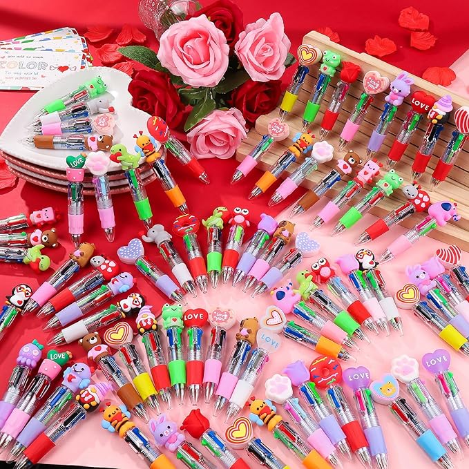 CZWZ 120Pcs Mini Multicolor Pen in One 4-in-1 Cute Pens Bulk, Ballpoint Pens for Birthdays and Parties, Fun Pens Gifts Assorted Ink Kawaii Pen(Valentine)