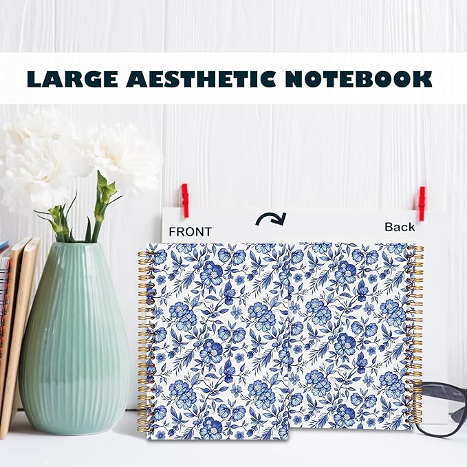 BearCake Floral Chinoiserie Grandmillennial Notebook Journal, Blue Floral Aesthetic Notebook, Chinoiserie Journal, Blue Aesthetic Office Supplies, Notebooks for Work, Hardcover Spiral Notebook 5.5x8.3