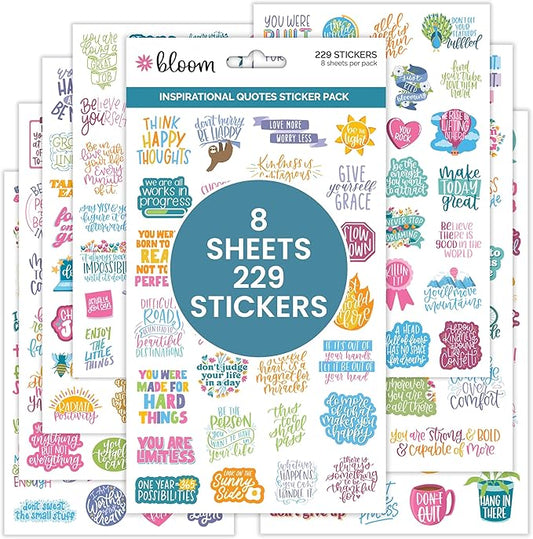 bloom daily planners Inspirational & Motivational Quotes Planner Stickers (8 Sheets / 200+ Stickers) - Hand-Lettered Positive Cute Aesthetic Quotes for Decorating Organizers, Scrapbooks, Laptops, etc.