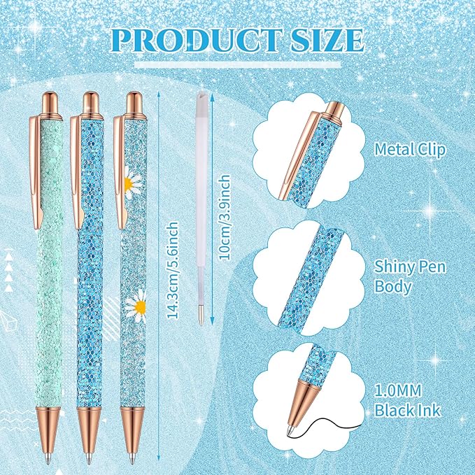Sherr 7 Pcs Fancy Pens for Women Cute Sparkly Glitter Pens with 10 Pcs Black Ink Refills Pretty Gifts for Girls Office School Christmas Graduation(Plain)