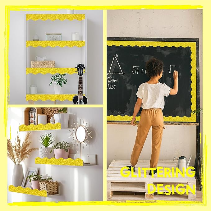 60 Feet Bulletin Board Borders, Golden Glitter Rolled Border Trim Scalloped Board Border with Wavy Line Design Decoration for School, Classroom & Office