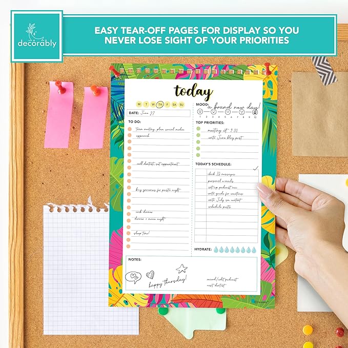 Decorably 52 Sheets Vibrant Forest Undated Daily Planner Notepad Tear Off, 6.5x10in Spring-Bound Daily to Do List to Do Pad, Priorities, Habit Tracker, Mood, Water Intake, Notes