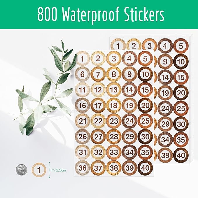 800 PCS 1-40 Number Stickers, Water/Oil/Tear Resistant Rustic Wooden Style Number Labels, Remove Without Residue for Indoor, Outdoor, Office, Classroom, Storage, Organizing, Boxes (1”, 20 Sheets)