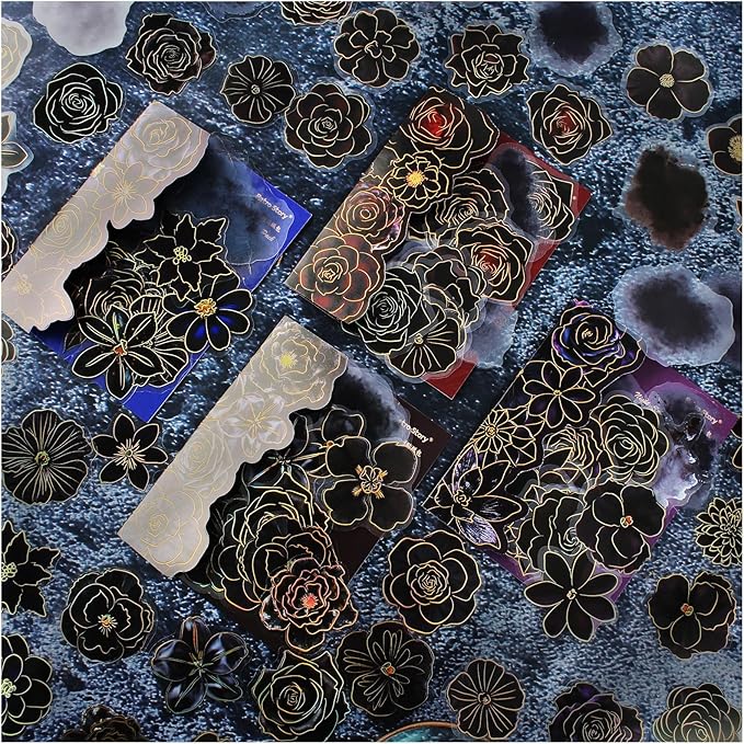 120 Pieces Gothic PET Stickers for Journaling Adults, Black Rose Flowers with Gold Foil Edges, Floral Sticker for Scrapbooking, Junk Journal, Bujo, Collage, Planners, Card Making