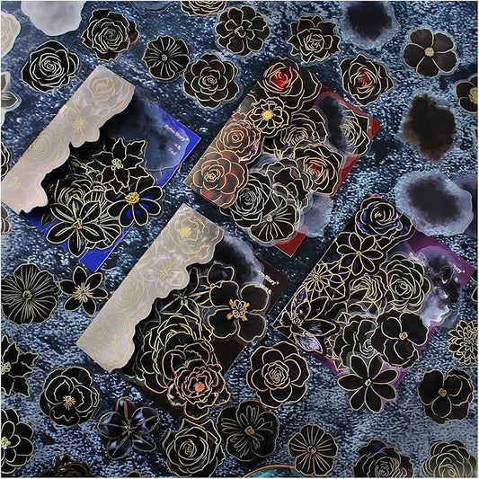 120 Pieces Gothic PET Stickers for Journaling Adults, Black Rose Flowers with Gold Foil Edges, Floral Sticker for Scrapbooking, Junk Journal, Bujo, Collage, Planners, Card Making