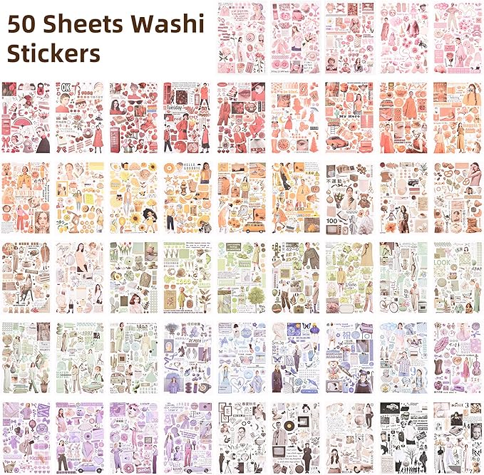 Vintage Washi Stickers for Scrapbooking, Scrapbook Stickers for Junk Journals, 50 Sheets Aesthetic Sticker Book for Journaling Supplies,Art Bullet Journals for Adults Teens Girls with 1pcs Carving