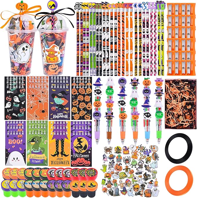 LiYiQ 247 Pcs Halloween Party Favors Return Gifts for Party, Student Stationery Gifts from Teacher, Pencil Erasers Notebooks Stickers for Classroom Birthday Goodie Bags Rewards Prizes