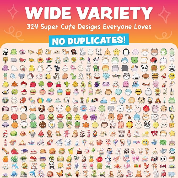 Cute Stickers for Kids - Kawaii Water Bottle Stickers for Teens - 324pc Sticker Pack - Waterproof Vinyl Stickers for Water Bottles, Scrapbook, Laptops - Valentine Stickers for Kids Classroom, Gifts