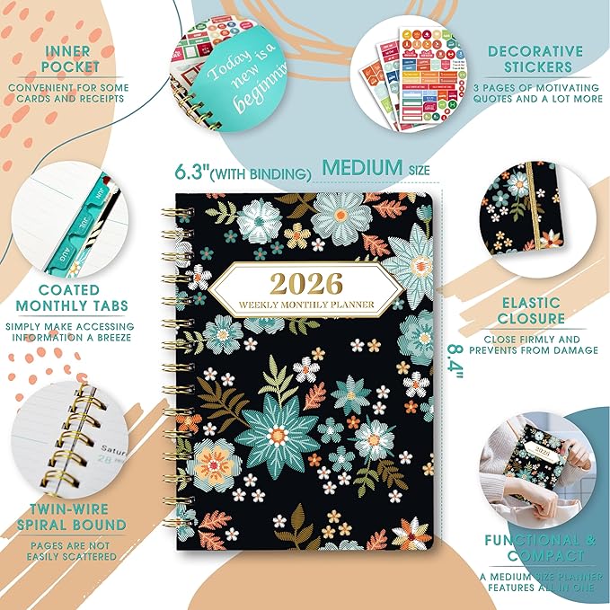 Ymumuda 2026 Planner, Daily Weekly and Monthly Planner，Jan 2026 - Dec 2026, 8.4" x 6.3", 2026 Calendar Planner Book with Tabs, Spiral Notebook with Inner Pocket for Office Home School Supplies