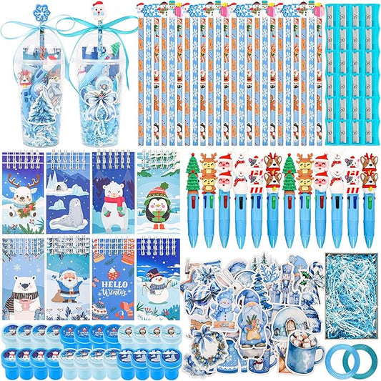 LiYiQ 247 Pcs Winter Party Favors Return Gifts for Party, Student Stationery Gifts from Teacher, Pencil Erasers Notebooks Stickers for Classroom Birthday Goodie Bags Rewards Prizes
