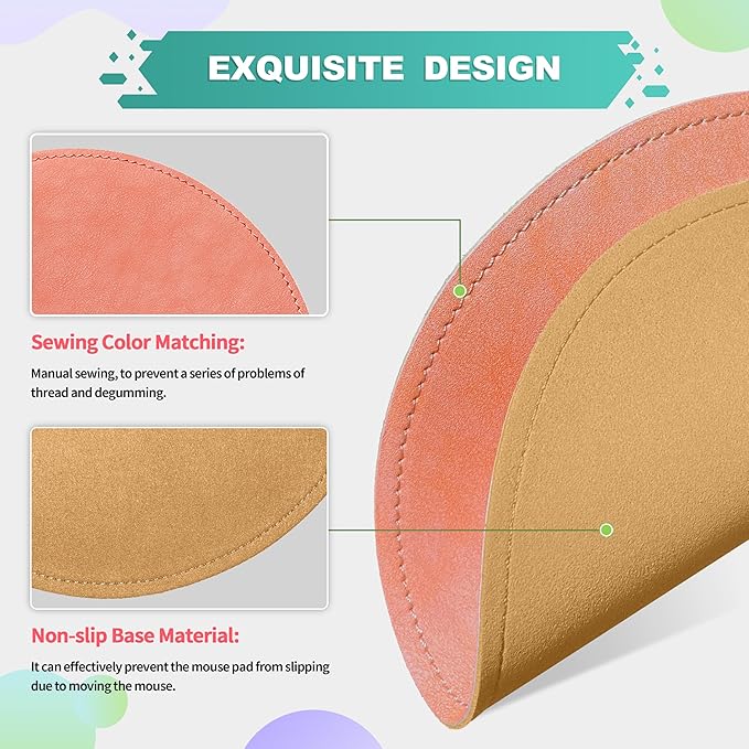 Mouse Pad，Round Mouse Pad，PU Mouse Pad，Leather Mouse Pad with Stitched Edge Micro-Fiber Base with Non-Slip Waterproof，Mouse Pad for Computers，Laptop，9 x 9 Inch (Pink)