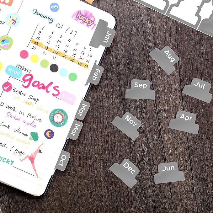 Outus 24 Pieces Monthly Adhesive Tabs for Planner - Designer Accessories Monthly Tabs Stickers Decorative for Office Planners Organizations Sturdy Notebook Planners Journal(Grey)