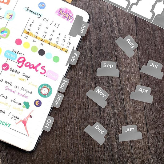 Outus 24 Pieces Monthly Adhesive Tabs for Planner - Designer Accessories Monthly Tabs Stickers Decorative for Office Planners Organizations Sturdy Notebook Planners Journal(Grey)