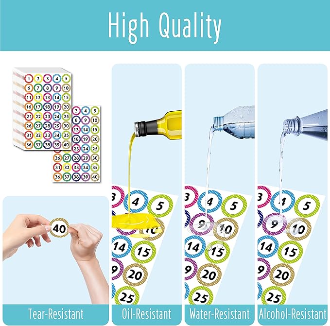 480 PCS Number Stickers, 12 Sheets Polka Dot Consecutive Number 1-40 Labels Self-Adhesive Water/Tear Resistant Number Stickers Without Residue for Office, Classroom, Indoor, Boxes, Storage (1” Each)