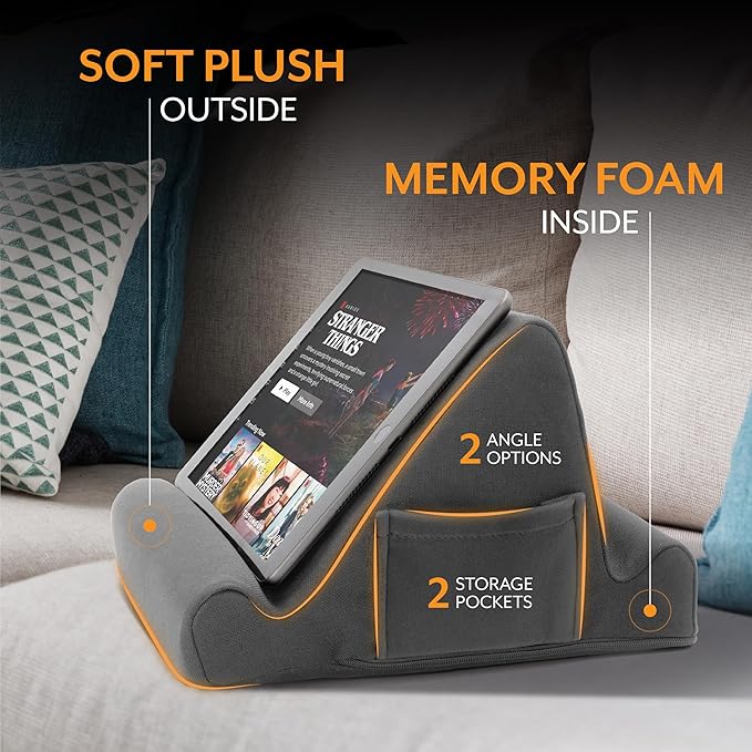 Brookstone Tablet Lap Cushion - Tablet and Phone Holder for Bed, Flights, and Travel, Two Angled Memory Foam Lap Desk for Reading and Hands Free Viewing, Compatible iPad and Kindle Accessories, Grey
